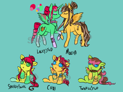 Size: 1600x1200 | Tagged: safe, artist:lavvythejackalope, oc, oc only, oc:chai, oc:mocha sweet, alicorn, pegasus, pony, :o, alicorn oc, baby, baby pony, collar, colored hooves, ear piercing, earring, eyes closed, hair bun, jewelry, necklace, open mouth, pegasus oc, piercing, raised hoof, reference sheet, sitting, spiked collar, underhoof, wings, wristband