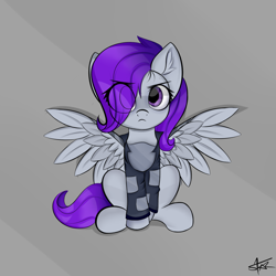 Size: 1600x1600 | Tagged: safe, artist:starmaster, derpibooru import, oc, oc only, oc:morning glory (project horizons), pegasus, pony, fallout equestria, fallout equestria: project horizons, eye clipping through hair, fanfic art, female, mare, simple background, sitting, solo, spread wings, wings