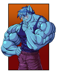 Size: 1024x1355 | Tagged: safe, artist:faogwolf, oc, oc:blue, anthro, unicorn, muscles, overdeveloped muscles, solo