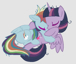 Size: 439x371 | Tagged: safe, mean rainbow dash, mean twilight sparkle, the mean 6, base used, clone, cuddling, eyes closed, female, gray background, horn, lesbian, lying down, mare, mean twidash, shipping, simple background