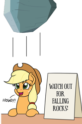 Size: 770x1165 | Tagged: safe, artist:mkogwheel edits, artist:philiptomkins, edit, applejack, tom, earth pony, pony, applejack's hat, applejack's sign, cowboy hat, falling, female, hat, howdy, mare, meme, open mouth, smiling, text, this will end in pain