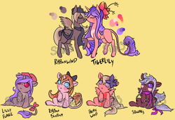 Size: 1900x1300 | Tagged: safe, artist:lavvythejackalope, oc, oc only, oc:lilyflare, oc:ribbon blossom, oc:ribbon wind, oc:squeaks, oc:tigerlily, pony, :o, baby, baby pony, blush sticker, blushing, bow, cap, clothes, colored hooves, female, filly, flower, flower in hair, hair bow, hat, leonine tail, open mouth, raised hoof, reference sheet, scarf, simple background, sitting, underhoof
