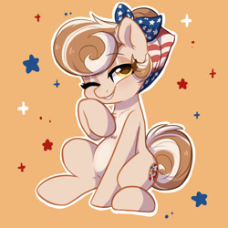 Size: 1800x1800 | Tagged: safe, artist:colorfulcolor233, oc, oc only, oc:cinnamon spangled, earth pony, pony, commission, eye clipping through hair, one eye closed, simple background, sitting, smiling, solo, wink