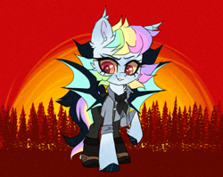 Size: 3318x2646 | Tagged: safe, artist:_spacemonkeyz_, oc, oc:pidge, bat pony, pony, clothes, female, mare, pants, shirt, solo, sunset, tree