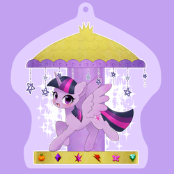 Size: 878x878 | Tagged: safe, artist:ayahana, derpibooru import, twilight sparkle, twilight sparkle (alicorn), alicorn, pony, carousel, female, looking at you, mare, merry-go-round, open mouth, solo, spread wings, wings