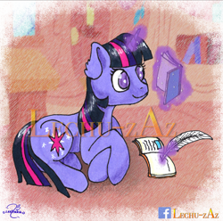 Size: 2500x2476 | Tagged: safe, artist:lechu-zaz, twilight sparkle, unicorn twilight, pony, unicorn, book, golden oaks library, magic, quill, reading, solo, telekinesis, traditional art