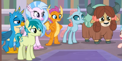 Size: 861x430 | Tagged: safe, derpibooru import, screencap, cozy glow, gallus, ocellus, sandbar, silverstream, smolder, yona, changedling, changeling, classical hippogriff, dragon, griffon, hippogriff, pegasus, pony, yak, what lies beneath, bags under eyes, claws, cloven hooves, dragoness, female, offscreen character, student six, toes