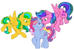 Size: 660x438 | Tagged: safe, artist:skypinpony, derpibooru import, masquerade (g1), sweet stuff, whizzer, pegasus, pony, twinkle eyed pony, g1, bow, female, flying, lesbian, ms paint, polyamory, shipping, simple background, tail bow, trio