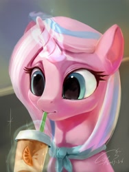 Size: 3072x4096 | Tagged: safe, artist:louislithium, clear sky, pony, unicorn, common ground, cute, cute sky, digital painting, drink, female, glowing horn, high res, magic, mare, scene interpretation, signature, solo, straw, telekinesis