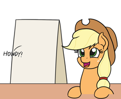 Size: 928x757 | Tagged: safe, artist:mkogwheel edits, edit, applejack, earth pony, pony, applejack's hat, applejack's sign, cowboy hat, cute, female, hat, howdy, mare, meme, role reversal, sign, solo