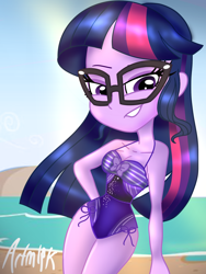 Size: 1536x2048 | Tagged: safe, artist:artmlpk, sci-twi, twilight sparkle, equestria girls, adorkable, alternate design, alternate hairstyle, beach, bedroom eyes, bow, clothes, cute, design, dork, eyeshadow, female, looking at you, makeup, one-piece swimsuit, smiling, smiling at you, smirk, solo, swimsuit, twiabetes