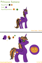 Size: 2048x3072 | Tagged: safe, artist:colorcodetheartist, oc, oc only, oc:princess samara, alicorn, bat pony, bat pony alicorn, hybrid, pony, color palette, comparison, cutie mark, eyeshadow, fangs, female, folded wings, halloween, holiday, improvement, makeup, mare, profile, redesign, redraw, reference sheet, simple background, solo, standing, white background, wings