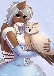 Size: 1063x1495 | Tagged: safe, artist:furrycrystal, derpibooru import, oc, oc only, oc:nocturnal flight, anthro, bird, owl, pegasus, anthro oc, clothes, digital art, dress, ear fluff, eyes closed, female, fingerless gloves, folded wings, gloves, looking at you, mare, signature, smiling, snow, solo, wings, winter, ych result