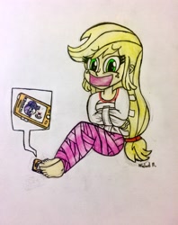 Size: 2448x3096 | Tagged: safe, artist:michaelmaddox222, applejack, rarity, human, equestria girls, barefoot, bondage, cellphone, colored, duct tape, feet, female, gag, looking down, mummification, pencil drawing, phone, signature, solo, straitjacket, tape, tape bondage, tape gag, traditional art, worried