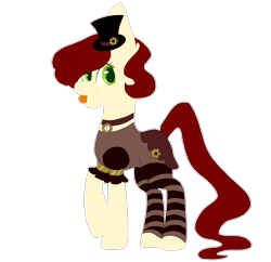 Size: 1942x1876 | Tagged: safe, artist:shinystarrs, derpibooru import, oc, oc only, oc:steam craft, earth pony, pony, clothes, collar, dress, female, hat, mare, raised hoof, simple background, socks, solo, steampunk, striped socks, tongue out, top hat, transparent background, ych result