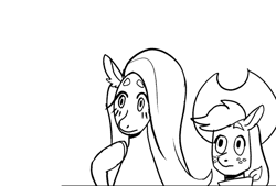 Size: 568x385 | Tagged: safe, artist:kiwi, applejack, fluttershy, earth pony, pegasus, pony, applejack's hat, black and white, concerned, cowboy hat, grayscale, hat, lineart, monochrome, o.o, raised hoof, reaction image, shocked, simple background, white background