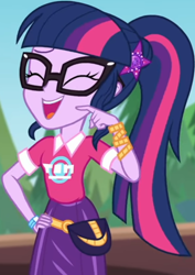 Size: 558x787 | Tagged: safe, screencap, sci-twi, twilight sparkle, better together, equestria girls, sunset's backstage pass!, clothes, collar, cropped, cute, eyes closed, female, forest, forest background, geode of telekinesis, glasses, hairclip, hand on hip, laughing, logo, magical geodes, music festival outfit, ponytail, pouch, shirt, short sleeves, skirt, smiling, twiabetes, wrist wraps