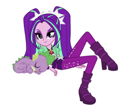 Size: 750x661 | Tagged: safe, artist:mit-boy, edit, editor:undeadponysoldier, aria blaze, spike, dragon, equestria girls, ariaspike, disguise, disguised siren, female, looking at you, lying down, male, pigtails, shipping, simple background, sleeping, smug, spikelove, straight, vector, vector edit, white background