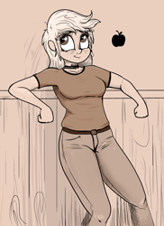 Size: 3088x4232 | Tagged: safe, artist:paskanaakka, derpibooru exclusive, applejack, human, choker, clothes, female, freckles, humanized, jeans, leaning, monochrome, pants, shirt, smiling, solo, t-shirt