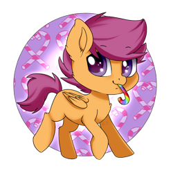 Size: 688x688 | Tagged: safe, artist:tokokami, derpibooru import, scootaloo, pegasus, pony, candy, candy cane, cute, cutealoo, female, filly, food, mouth hold, simple background, solo, transparent background