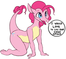 Size: 2450x2215 | Tagged: safe, artist:slimeprnicess, pinkie pie, dragon, /mlp/, 4chan, dialogue, dragonified, drawthread, female, heart eyes, implied impregnation, implied pinkiespike, implied shipping, implied spike, implied straight, pinkiedragon, simple background, soliciting, solo, species swap, speech bubble, text, white background, wingding eyes