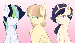 Size: 1400x800 | Tagged: safe, artist:sweetpieee, derpibooru import, oc, oc only, oc:annie breeze, oc:lucia, oc:starlight sparkle, pegasus, pony, unicorn, female, magical lesbian spawn, mare, offspring, parent:applejack, parent:big macintosh, parent:fluttershy, parent:rainbow dash, parent:rarity, parent:twilight sparkle, parents:fluttermac, parents:rarijack, parents:twidash