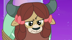 Size: 1280x720 | Tagged: safe, screencap, yona, yak, she's all yak, bow, cute, female, frown, hair bow, horns, looking down, monkey swings, night, raised eyebrow, rope, solo, stars, unamused, yona is not amused, yonadorable