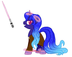 Size: 1005x795 | Tagged: safe, artist:fire-topaz, oc, oc only, oc:satora, clothes, crossover, ethereal mane, glowing horn, horn, jedi, lightsaber, magic, simple background, solo, star wars, starry eyes, starry mane, telekinesis, transparent background, weapon, wingding eyes