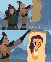 Size: 636x768 | Tagged: safe, derpibooru import, saffron masala, pony, unicorn, a girl worth fighting for, caption, crossover, disney, exploitable meme, meme, mulan, obligatory pony