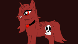 Size: 683x384 | Tagged: safe, oc, oc only, alicorn, pony, alicorn oc, black background, edgy, evil, female, heart, heart necklace, jewelry, mare, necklace, oc villain, red, red eyes, simple background, skull, smiling, solo
