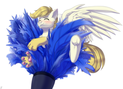 Size: 3424x2480 | Tagged: safe, artist:renka2802, oc, oc:exist, griffequus, original species, brushie, cute, duster, feather, paws, tickling, wings