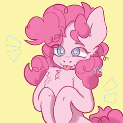 Size: 1280x1280 | Tagged: safe, artist:midioker, pinkie pie, earth pony, pony, :p, chest fluff, cute, diapinkes, eye clipping through hair, female, mare, simple background, solo, tongue out, yellow background