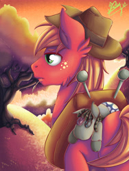 Size: 5400x7200 | Tagged: safe, artist:ebonyinkstone, derpibooru import, big macintosh, smarty pants, pony, absurd resolution, cowboy hat, freckles, hat, haystick, male, orchard, signature, solo, stetson, toy