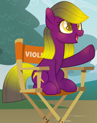 Size: 1232x1564 | Tagged: safe, artist:razorbladetheunicron, oc, oc only, oc:violet quartz, earth pony, pony, base used, chair, director's chair, female, gradient mane, mare, pointing, shading, shading practice, solo, sparkly eyes