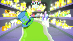 Size: 1440x810 | Tagged: safe, derpibooru import, screencap, smooze, make new friends but keep discord, crown, crystal, goblet, gold, hat, jewelry, male, regalia, slime, solo, sparkles, this will not end well, top hat, treasure, treasure chest, treasure room