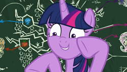 Size: 1920x1080 | Tagged: safe, derpibooru import, screencap, twilight sparkle, twilight sparkle (alicorn), alicorn, pony, what lies beneath, 2spooky, chalkboard, female, mare, smiling, solo, written equestrian