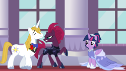 Size: 2064x1161 | Tagged: safe, fizzlepop berrytwist, prince blueblood, tempest shadow, twilight sparkle, twilight sparkle (alicorn), alicorn, my little pony: the movie, the last problem, spoiler:comicff26, annoyed, armor, arrogant, belligerent sexual tension, berryblood, bowtie, canterlot castle, clothes, coronation dress, diplomacy, dress, episode idea, fanfic idea, female, friendshipper on deck, friendshipping, glare, insult, insulted, male, second coronation dress, sexual tension, shipper on deck, shipping, shipping fuel, smug, straight, tempest shadow is not amused, this will end in pain, this will not end well, uh oh, unamused, we're doomed