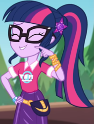 Size: 593x780 | Tagged: safe, screencap, sci-twi, twilight sparkle, better together, equestria girls, sunset's backstage pass!, clothes, collar, cropped, cute, eyes closed, female, forest, forest background, geode of telekinesis, glasses, hairclip, logo, magical geodes, music festival outfit, ponytail, pouch, shirt, short sleeves, skirt, smiling, twiabetes, wrist wraps