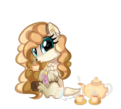 Size: 674x604 | Tagged: safe, artist:peachesandcreamated, oc, oc only, oc:honey dip, deer, deer pony, original species, cup, simple background, sitting, solo, teacup, teapot, transparent background, unshorn fetlocks