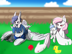 Size: 1600x1200 | Tagged: safe, artist:aurorafang, derpibooru import, oc, oc:prince nova, oc:rainy skies, alicorn, bat pony, original species, pegasus, shark pony, unicorn, alicorn oc, family, family photo, novaskies, outdoors, parent:oc:prince nova, parent:oc:rainy skies, parents:novaskies, sleeping, yard