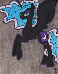 Size: 1024x1303 | Tagged: safe, artist:aracage, derpibooru import, nightmare moon, alicorn, pony, black background, female, lidded eyes, looking at you, mare, raised hoof, simple background, solo, traditional art, unamused