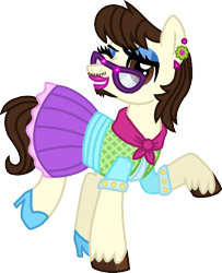 Size: 680x838 | Tagged: safe, artist:starryoak, gizmo, earth pony, pony, clothes, crossdressing, ear piercing, earring, eyeshadow, facial hair, glasses, high heels, jewelry, lipstick, looking at you, makeup, male, moustache, older, one eye closed, piercing, raised hoof, shirt, shoes, simple background, skirt, solo, stallion, transparent background, unshorn fetlocks, wink