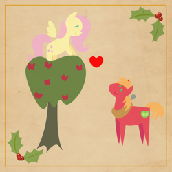 Size: 2000x2000 | Tagged: safe, anonymous artist, big macintosh, fluttershy, pegasus, pony, series:12 days of hearth's warming, series:fm holidays, 12 days of christmas, apple, apple tree, border, christmas, eyes closed, female, floating heart, fluttermac, heart, hearth's warming, holiday, holly, lidded eyes, looking down, looking up, male, pointy ponies, shipping, straight, texture, tree