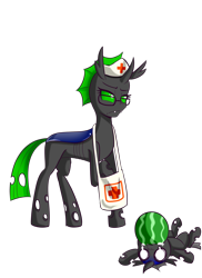 Size: 1194x1639 | Tagged: safe, artist:anibaruthecat, derpibooru import, oc, oc only, oc:cleric, oc:emerald, changeling, changeling loves watermelon, changeling oc, choking, duo, food, glasses, green changeling, hat, nurse hat, simple background, transparent background, watermelon