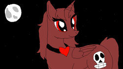 Size: 683x384 | Tagged: safe, oc, oc only, alicorn, pony, alicorn oc, black background, edgy, evil, heart, heart necklace, jewelry, moon, necklace, oc villain, red, red eyes, simple background, skull, smiling, solo, space, stars