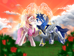 Size: 2400x1800 | Tagged: safe, artist:meotashie, derpibooru import, oc, oc:prince nova, oc:rainy skies, alicorn, pegasus, pony, clothes, dress, fountain, garden, kissing, married couple, novaskies, sunset