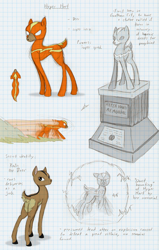 Size: 778x1225 | Tagged: safe, artist:ravenpuff, oc, oc only, oc:hyper hart, deer, deer pony, original species, clothes, costume, deer oc, graph paper, lined paper, power ponies oc, reference sheet, solo, statue, suit, traditional art