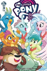 Size: 632x960 | Tagged: safe, artist:tonyfleecs, idw, gallus, ocellus, sandbar, silverstream, smolder, yona, changedling, changeling, classical hippogriff, dragon, griffon, hippogriff, pony, yak, spoiler:comic, spoiler:comicfeatsoffriendship03, cover, cute, diaocelles, diastreamies, eyes closed, female, gallabetes, happy, male, medallion, open mouth, preview, sandabetes, smiling, smolderbetes, student six, teenaged dragon, teenager, yonadorable
