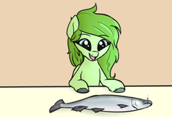 Size: 2090x1429 | Tagged: safe, artist:wenni, oc, oc only, oc:lief, fish, hybrid, actually salmon for once, birthday, cake, candle, cute, cute little fangs, fangs, food, happy, open mouth, salmon, simple background, smiling, solo, unshorn fetlocks