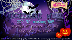 Size: 841x474 | Tagged: safe, bat, pony, spider, announcement, celebration, cloud, creepy, event, game, holiday, jack-o-lantern, legends of equestria, mmorpg, moon, night, night sky, nightmare night, nightmare week, nightmarenightloe, nightmarenightloe2019, ponyville, poster, promo, promotional art, pumpkin, scary, sky, spider web, spooky, stars, video game